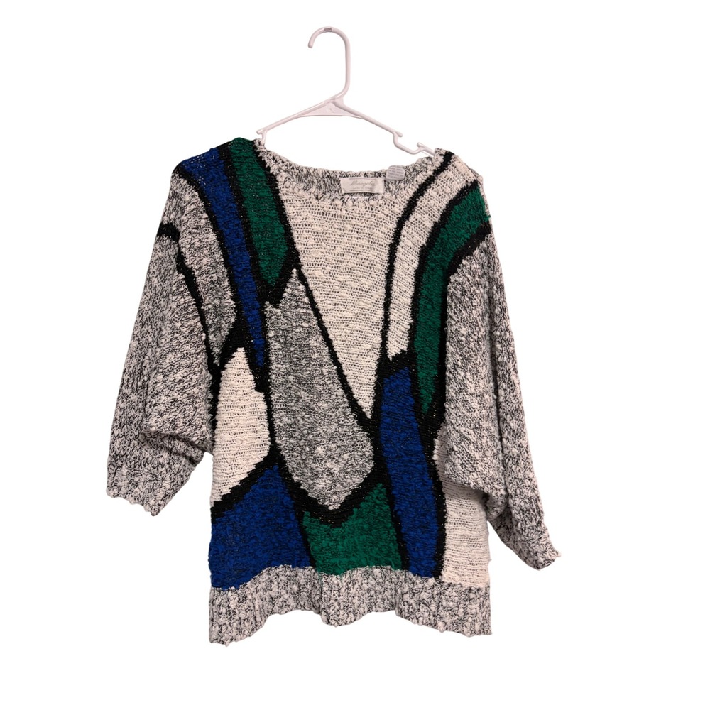 Margules Sweater Vintage 80s Geometric Colorblock Blue Green Batwing Large Retro